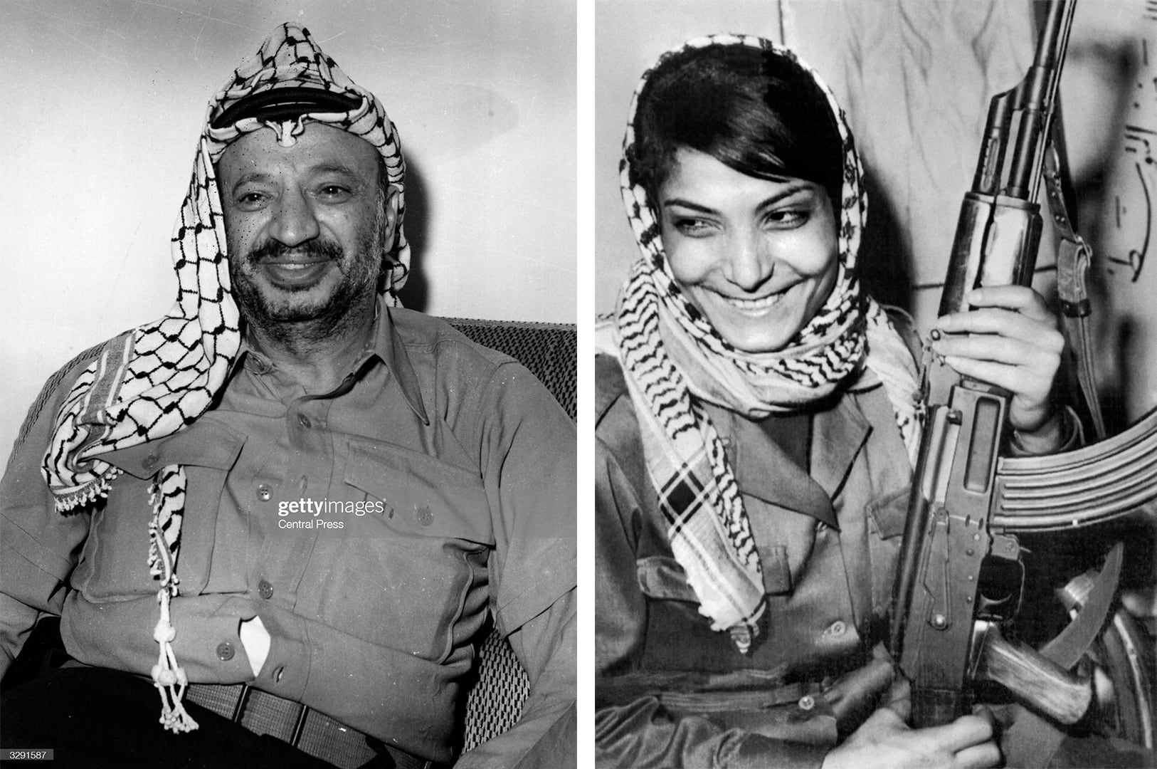 Retratos de Yasser Arafat y Leila Khaled usando kufiyas palestinas