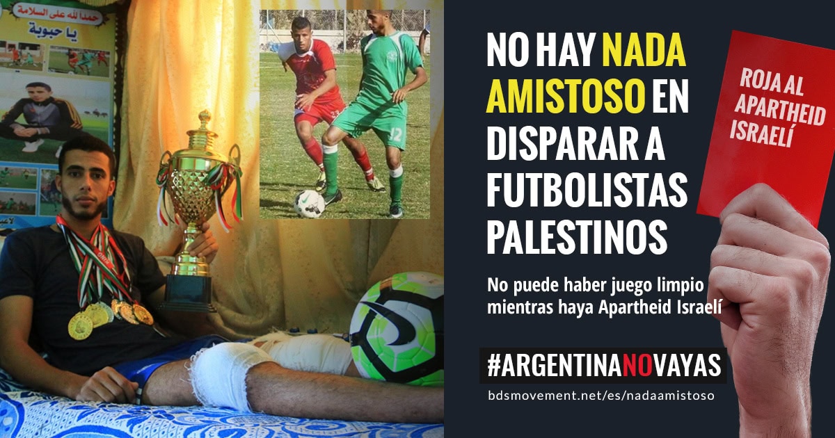 Imagen de la campaña #ArgentinaNoVayas con el exfutbolista palestino Mohammad Khalil y una tarjeta roja contra el apartheid israelí.
